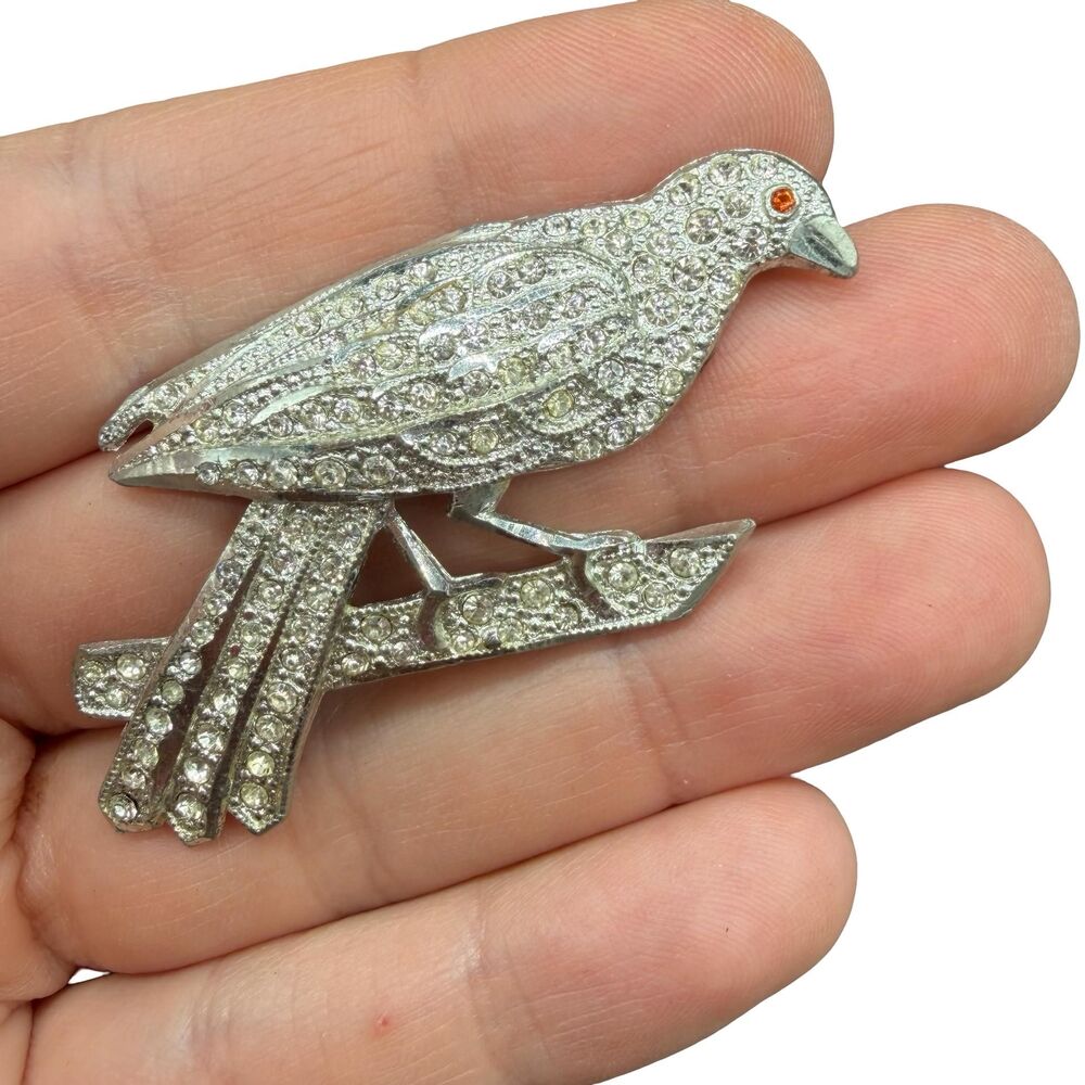 Vintage silver tone crow brooch bird pin rhinestone bird brooch